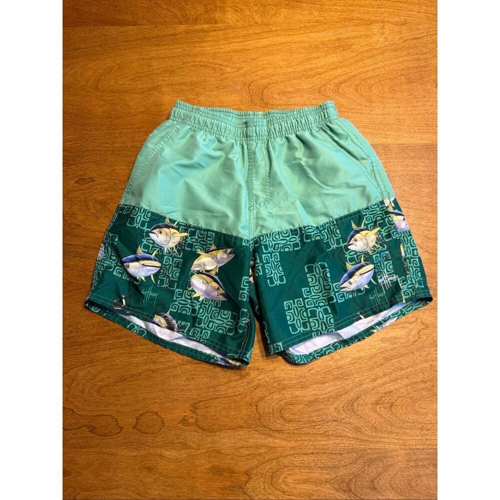 Guy Harvey Youth Fish Print Elastic Waist  Mesh Liner Swim Trunks Green Sz Small